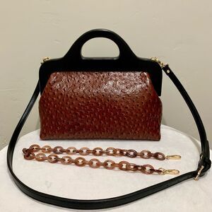 Handmade Genuine Ostrich Textured Cowhide Wooden Handle Satchel & 2 Straps